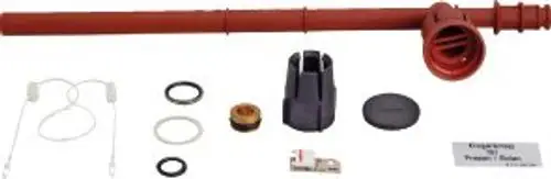 BOSCH Gasumbaukit bestehend aus einem langen roten Rohr mit Lüftungsgitter, Dichtungen und weiteren Anschlusskomponenten auf hellem Untergrund.